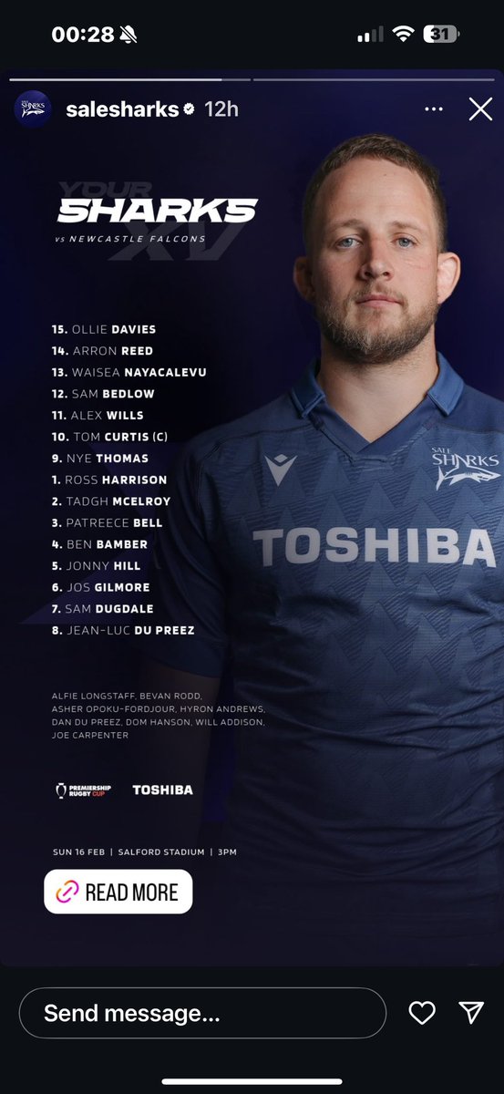 Well done Port lads Jonny Hill &amp; Dom Hanson who are both in the <a href="/SaleSharksRugby/">Sale Sharks 🦈</a> match day squad v Newcastle tomorrow. Who’d think there’d be that much talent in that part of Bramhall. UTP 🔴⚪️🟢