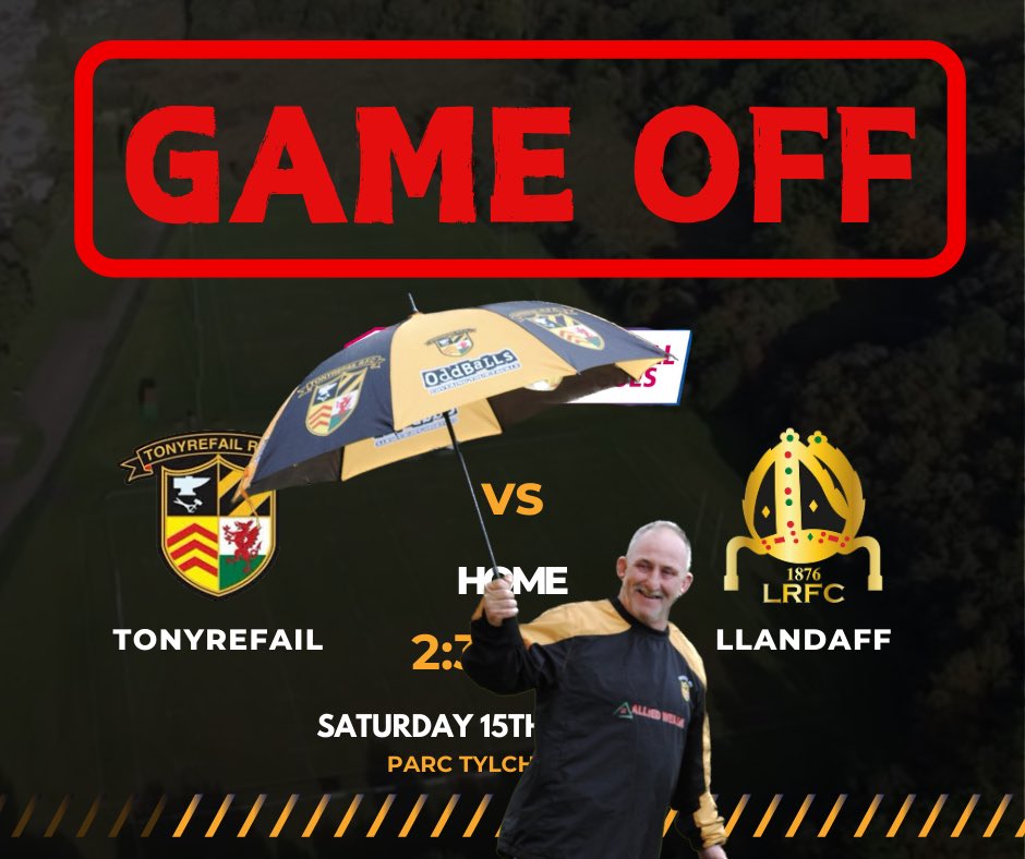 🌧️ GAME OFF 🌧️

Unfortunately our game has fallen foul of the weather and both Parc Tylcha Fawr and Tynybryn are waterlogged 

Get your shopping bags out and get the big shop done in time for the club opening at 4 for a beer and the scarlets match on telly! 🍻 🖤🧡