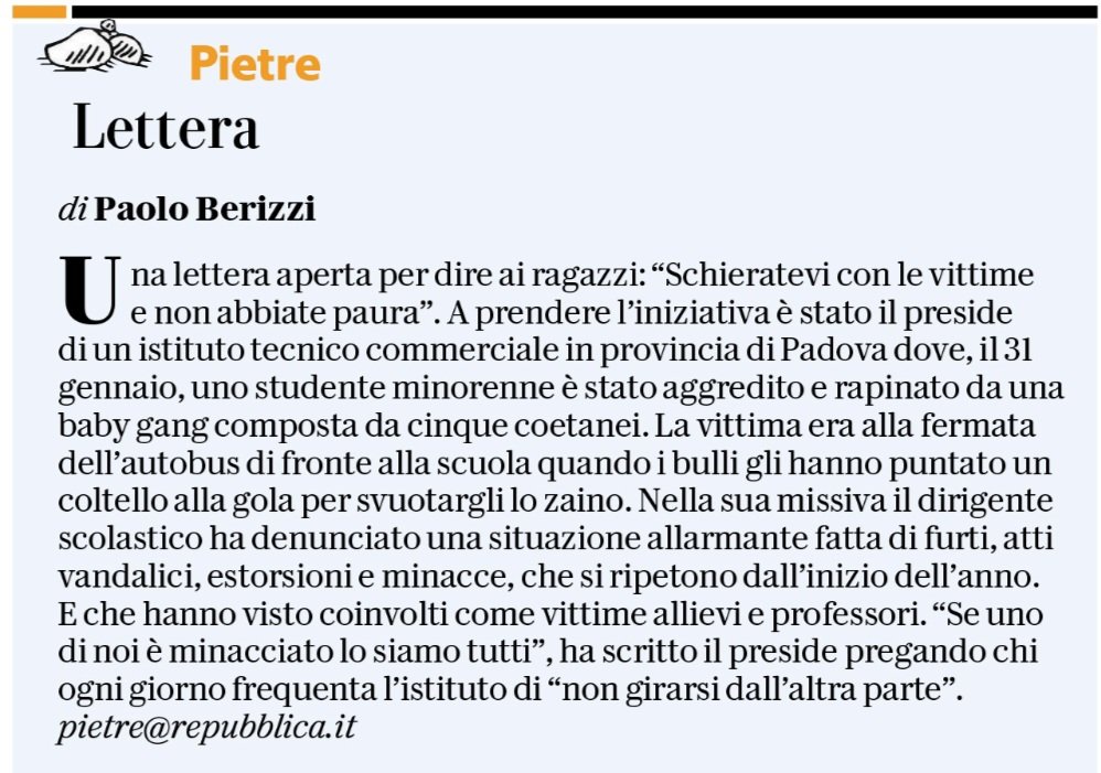 PBerizzi's tweet photo. La lettera aperta del preside dell'istituto tecnico agli studenti: "Schieratevi sempre con le vittime, non abbiate paura e non giratevi dall'altra parte". Padova. 

#Pietre
@repubblica https://t.co/Ot9JXdT1Tq