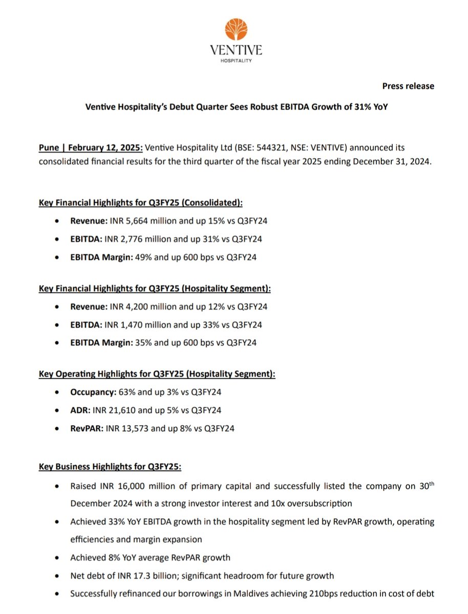 Tanmay_31_'s tweet photo. Ventive Hospitality Limited Q3 Results And Investor Presentation 

Decent Topline Growth With Significant Margin Expansion 👏

Continues To Maintain Industry's Most Superior Metrics With Operational Efficiencies

Rev : 492➡️566 Cr
EBITDA : 212➡️277.6 Cr
Margin : 43%➡️49% 🤩

PAT : 43.4➡️79.8 Cr

(PAT Comparison At Consol Level Isn't Available So Q3 FY24 Is Taken At Standalone Level And Q3 FY25 is At Consol Level, The Exceptional Item And Adjustment Made On the Course Of Foreign Exchange Gains)

▪︎ Ventive Hospitality Repays 1,400 Cr Debt Raised From IPO Proceeds

Net Debt : 3,199 ➡️ 1,732 Cr

▪︎ Company Refinances Borrowings In The Maldivian Entities And Reduces 210 BPS in Finance Costs

▪︎ From Next Quarter (Q4), The Saving of interest Cost Will Bump Up The PAT Significantly

Operational Metrics :

▪︎ RevPar : 12,537➡️13,573

India Hospitality –

▪︎ ADR : 10,378➡️11,275
▪︎ Occupancy : 62➡️64%
▪︎ RevPar : 6,418➡️7,181

Maldives Hospitality –
▪︎ TRevPar : 63,124➡️69,906
▪︎ Occupancy : 56➡️59%

Average Interest Cost At 8.3%
(Most Superior in The Industry)

▪︎ Cash And Cash Equivalents :
374 Cr

▪︎ Expansion :

– Expansion And Development in Bengaluru
– Brownfield Development in Varanasi (Near Airport)
– Greenfield Development in Sri Lanka (Near Yala East National Park)

▪︎ The Raaya By Atmosphere, The Super Luxury Property in Maldives Portfolio, Isn't Consolidated In The Results, This Will be Consolidated From Q4 Results 

▪︎ Q4 Is The Strongest Quarter For The Company And Debt Repayment Will Help In Achieving Significant PAT Growth

9M FY25 – 
Rev : 1,442 Cr (17%⬆️)
EBITDA : 641 Cr (33%⬆️)

Q4 is Generally ~35% Of The Complete Year 
(This Excludes The Raaya By Atmosphere Property, Which Can Increase The Q4 Topline By 7-10%

By Calculating All These Figures, Company Is On Track To Cross 1150 Cr+ EBITDA in FY25

Currently Trading At 15× FY25E EV/EBITDA

Hope We See Some Institutional Coverage On India's Largest Luxury Focused Hospitality Platform Soon 🤞