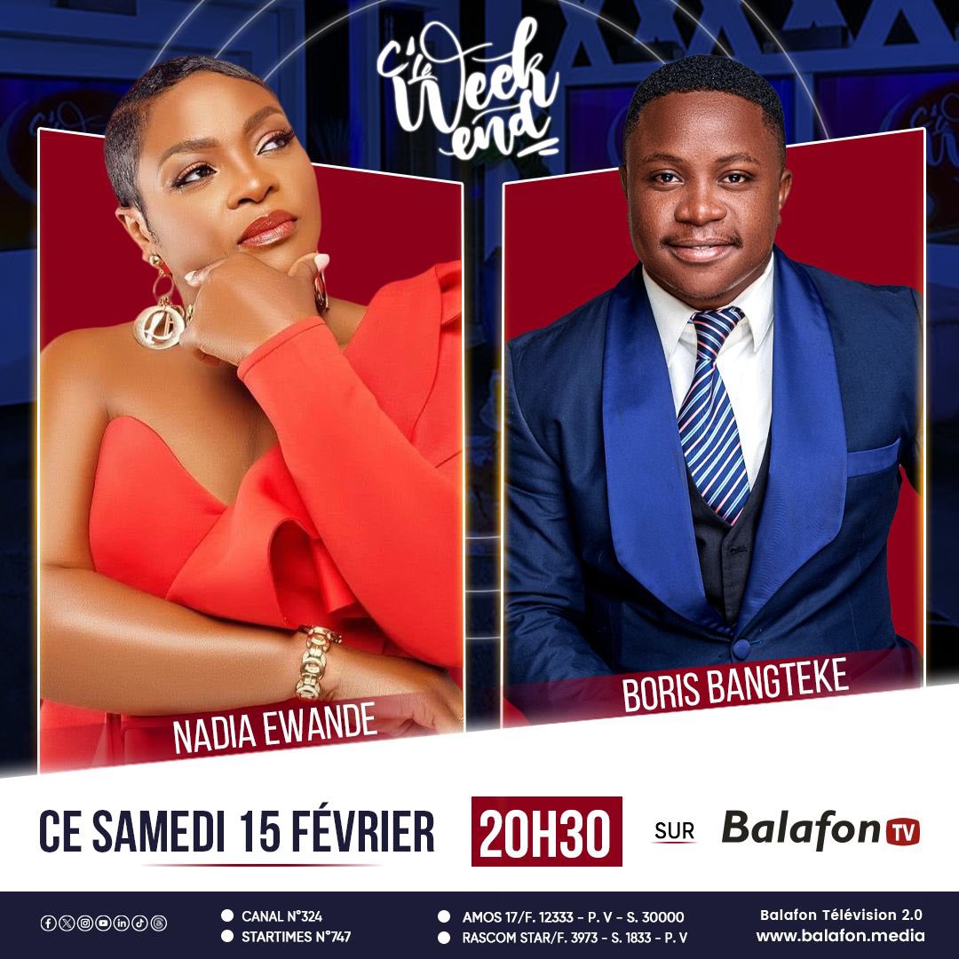 radio_balafon's tweet photo. 🟥🔜#CLeWeekend 
Nadia Ewande face à Boris BANGTEKE ce soir dans C’LeWeekend. 

Parcours, carrière, amour et famille. Nadia conte les étincelles de sa vie ce soir, en inédit, dès 20h30, sur  #BalafonTv .

Canal+ 324 https://t.co/xuh2Lvf9Wl