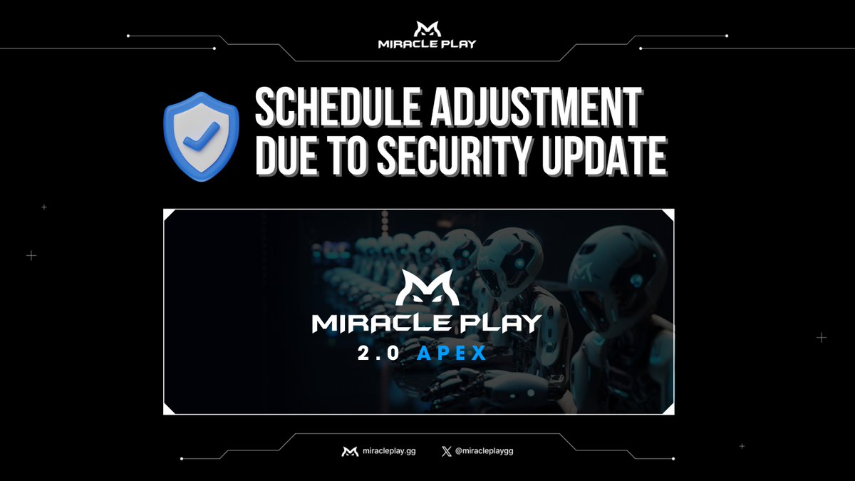 miracleplaygg's tweet photo. 📢 Security Update: 2.0 APEX Transition Schedule Adjusted❗️

An additional security update is required during the Miracle Node Key transition process following the snapshot. As a result, the previously announced 2.0 APEX-related schedules have been unavoidably delayed by two days.

📅 Updated Schedule
- Miracle Node Key NFT Transition Resumes: February 17 
- Miracle Node Key Activation (2.0 APEX) Page Opens: February 19 
- dNFT Minting Page Opens: February 21 

⚠️ Important Notes
- Miracle NFT transfers will remain restricted until the process is completed (snapshot state maintained).
- The reward pool will remain active until the transition resumes on February 17, and one more round of reward claiming will be processed before it is temporarily suspended.

✅ MPT circulation tracking is operating normally.

Thank you for your patience and understanding.