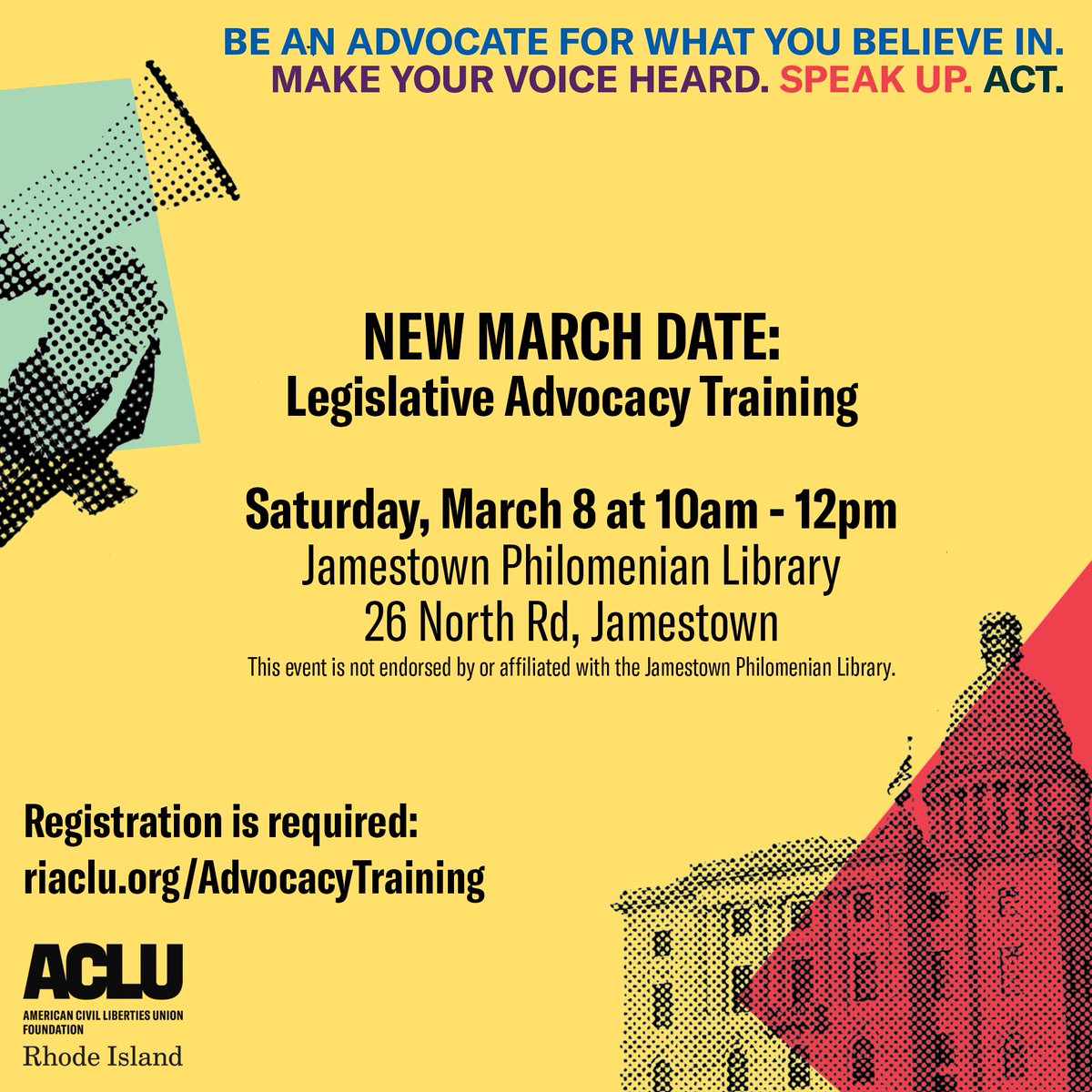 📣New Legislative Advocacy Training date: March 8 in Jamestown. Learn how to advocate at the state level.

Free and beginner-friendly event, registration is required: ticketleap.events/tickets/riaclu…

This event is not endorsed by or affiliated with the Jamestown Philomenian Library.