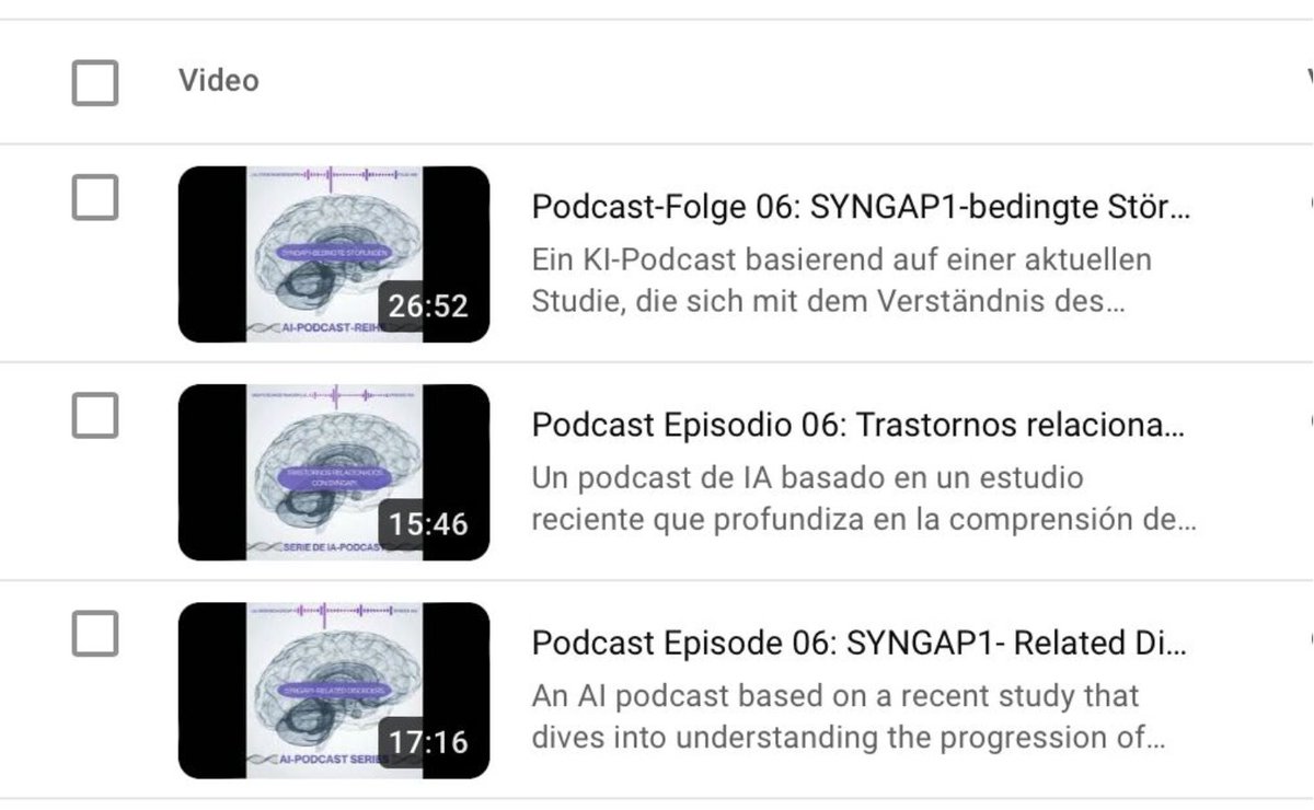 Dennis Lal (@laldennis) on Twitter photo Episode 6 of our AI Podcast Series:
Roadmap for #SYNGAP1-related Disorders towards therapeutics based on recent paper by <a href="/cureSYNGAP1/">SynGAP Research Fund (SRF)</a>
In three languages including English, Spanish and German:
youtube.com/@dennislal328/… Episode 6 of our AI Podcast Series:
Roadmap for #SYNGAP1-related Disorders towards therapeutics based on recent paper by <a href="/cureSYNGAP1/">SynGAP Research Fund (SRF)</a>
In three languages including English, Spanish and German:
youtube.com/@dennislal328/…