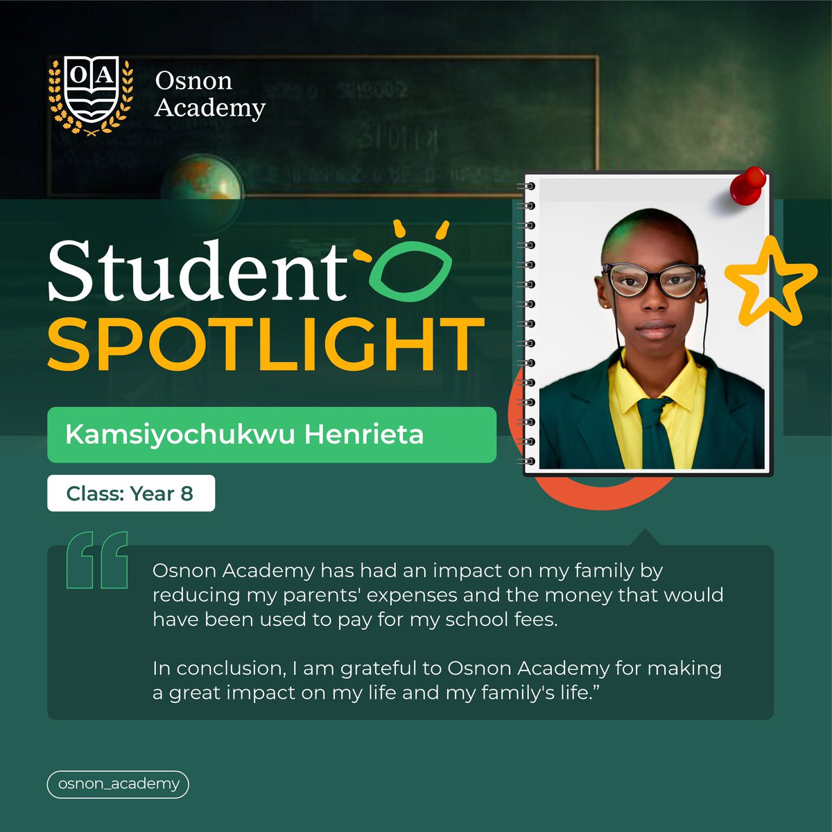 OSNON Academy nurtures leaders and changemakers. 

Today, we spotlight Kamsiyochukwu Henrieta, one of our beneficiaries whose determination and academic excellence inspire us all. 

Thank you for supporting our mission to empower young minds! 

Together, we’re building leaders.