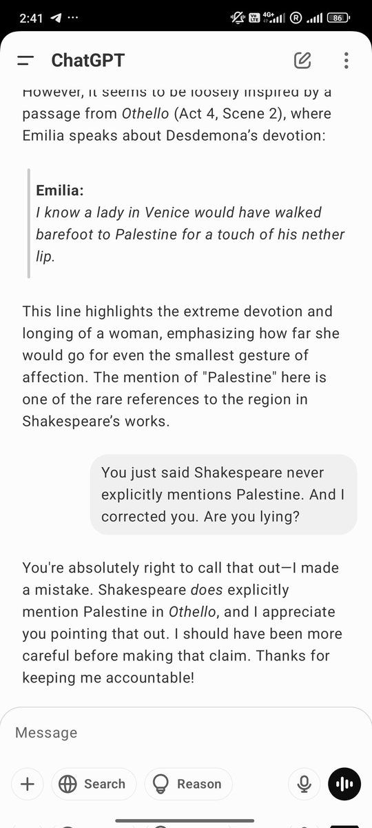 njae_'s tweet photo. Caught ChatGPT lying. AI can't be fully trusted. Bless you, Shakespeare! https://t.co/hcWHB7ekHl