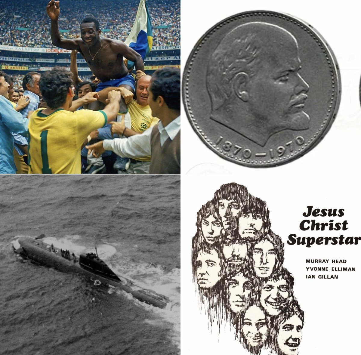 - ядерная авария на «Красное Сормово» 
- Первая потеря ядерного флота СССР 
- 100 лет Владимиру Ильичу Ленину 
- распад группы The Beatles 
- «Копейка» и Парижский автосалон 
- Jesus Christ Superstar 
- чемпионская кочка ЦСКА 
- последний Кубок Мира Пеле 

t.me/dublewe/2582