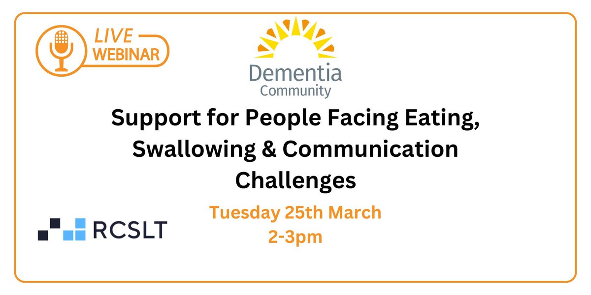 On Tuesday 25th March we're hosting a webinar - 'Support for People Facing Eating, Swallowing &amp; Communication Challenges'.

Speaker: Dr Lindsey Collins, <a href="/UniofBradford/">University of Bradford</a> 
<a href="/RCSLT/">RCSLT 💙</a> @RCSLTPolicy

Register Here: buff.ly/4gF30MC
Full Webinar Schedule: buff.ly/3Bvsm13