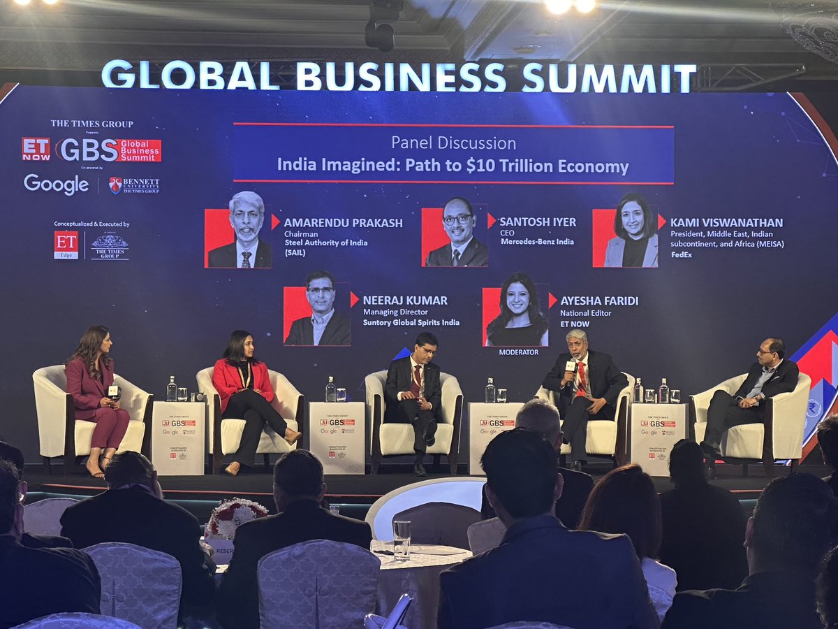 NickSarma's tweet image. A power session on India’s path to a $10 trillion economy. Neeraj Kumar of @SuntoryGlobal, @santiyer of @MercedesBenzInd, Amarendu Prakash, Chairman. @SAILsteel &amp;amp; Kami Viswanathan of @FedEx. In conversation with Ayesha Faridi of @ETNOWlive

#GBS2025 #ScriptingATomorrow