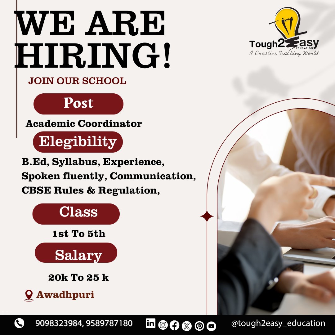 tough2easy's tweet photo. 🚨 Join Our Team at Tough2Easy Education! 🚨We are hiring Academic Coordinators for Classes 1st-5th and 6th-12th in #Awadhpuri.  apply today! 
📞 Call 9098323984 / 9589787180#WeAreHiring 
#Tough2EasyEducation #TeachingJobs https://t.co/982U0lLa57