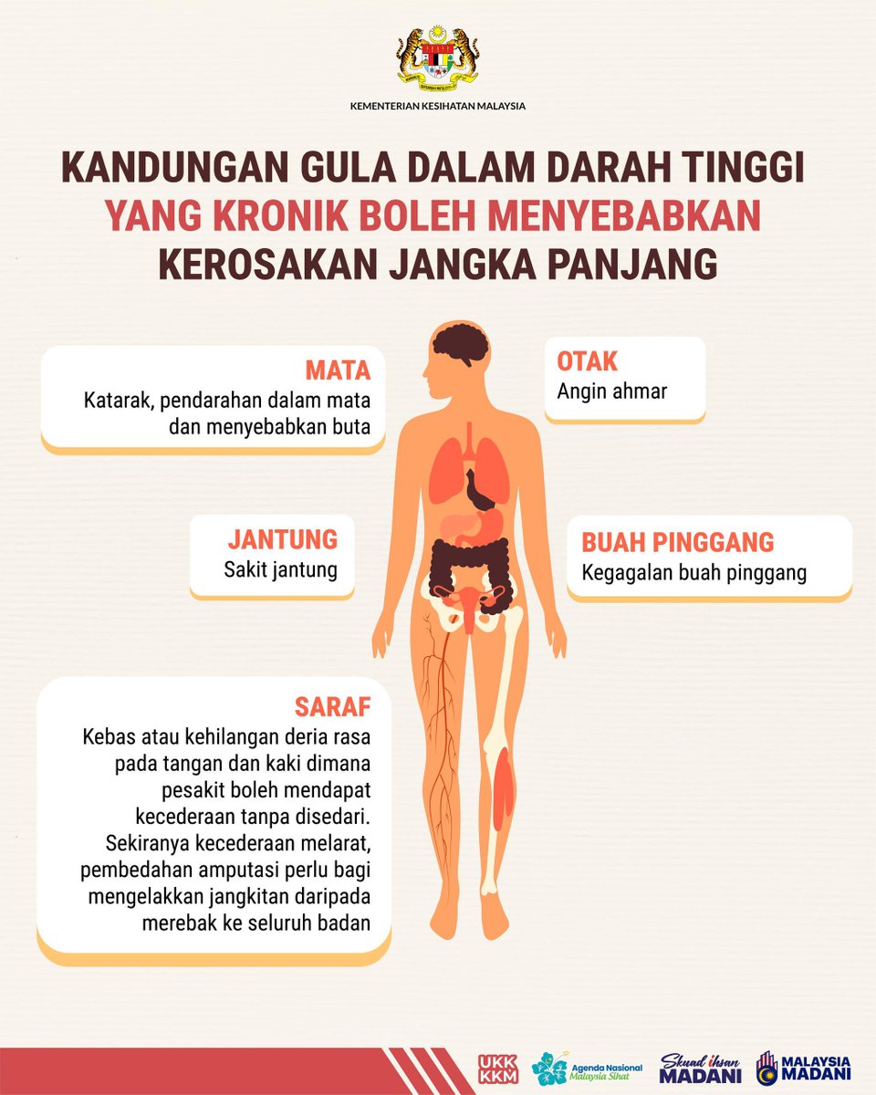 KKMPutrajaya's tweet photo. Diabetes adalah satu keadaan di mana tahap gula di dalam darah adalah tinggi dari normal.

Ia adalah masalah kronik yang boleh mengakibatkan kerosakan banyak organ penting tubuh bergantung kepada tahap kawalan gula dalam darah.

Tanpa pengurusan yang betul ianya boleh mendatangkan berbagai komplikasi seperti penyakit kardiovaskular, kegagalan buah pinggang, buta dan kerosakan saraf seperti dikongsikan.

Sekiranya anda atau ahli keluarga anda menghidapkan diabetes, pastikan kepatuhan kepada perawatan serta jadual pemeriksaan berkala yang diberikan.

#KKMPrihatin
#MalaysiaSihat
#IhsanMADANI
#SkuadIhsanMADANI
#TaatSetia
#HarungiBersama