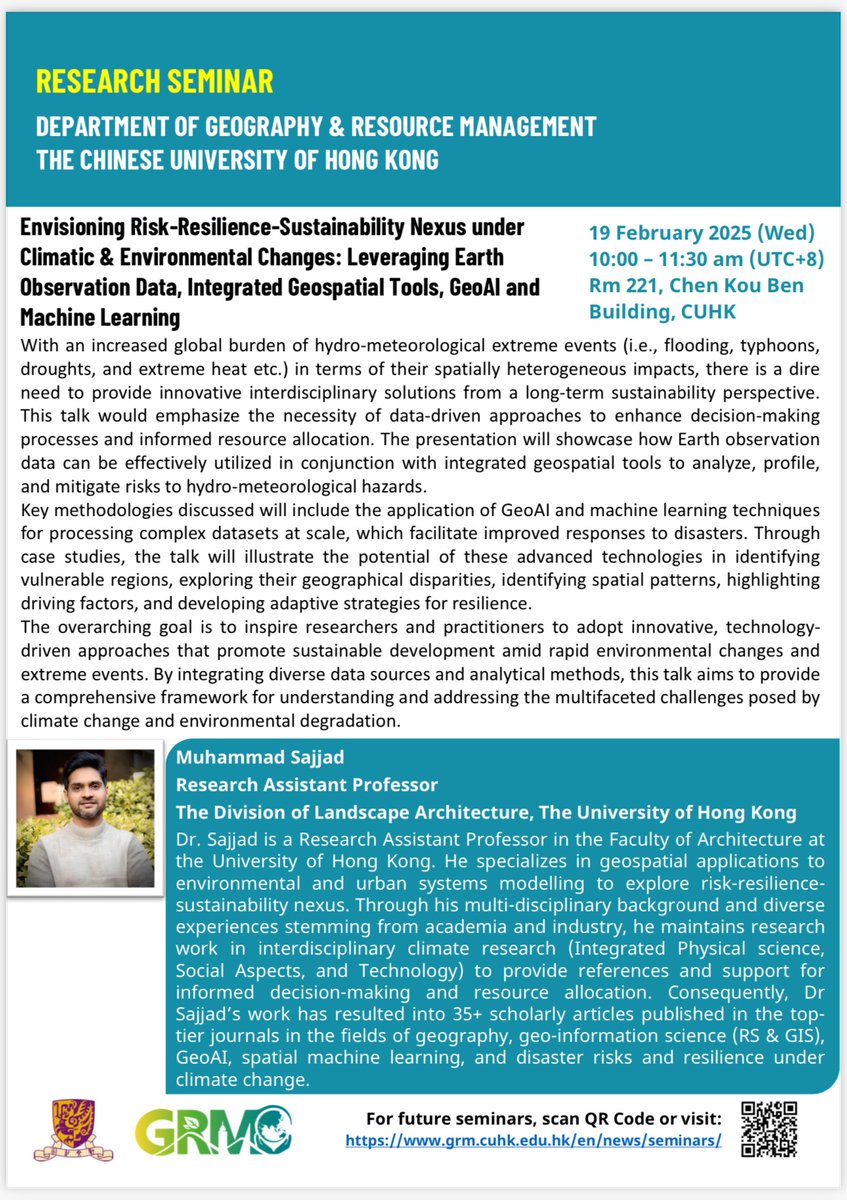 I am excited to be invited for this Special Research Seminar organised by the Department of Geography &amp; Resource Management at <a href="/CUHKofficial/">The Chinese University of Hong Kong - CUHK</a>.

Let’s meet if you are around!

#InvitedTalk #ResearchSeminar #Risk #Resilience #Sustainability #GeoAI #MachineLearning #EarthObservation