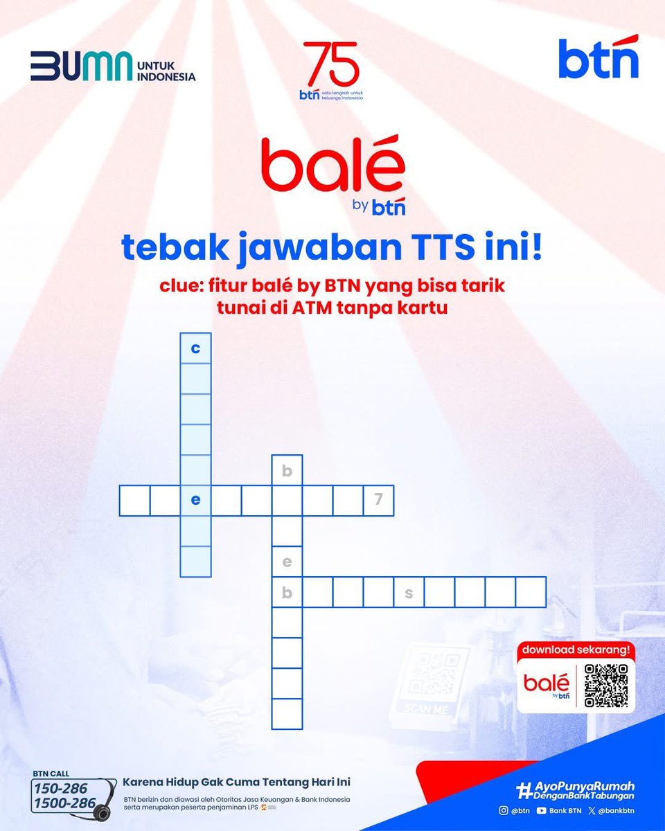 Yuk bisa yuk! Sedikit lagi nih karena kita udah masuk ke episode 3 kuis TTS.

Jawab kuisnya di kolom komentar dan ikuti syaratnya:
• Follow akun Instagram, Facebook dan X BTN
• Mention 3 teman kamu 
• Gunakan hashtag #HUT75BTN dan #balébybtn