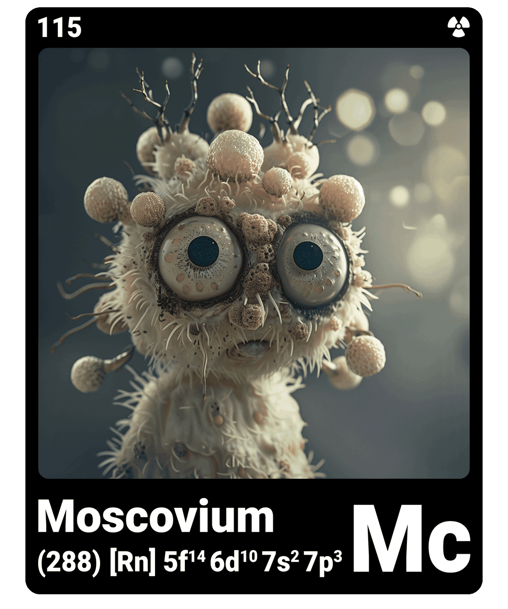 br_AI_king's tweet photo. brAIking This is what it looks like when AI gives the chemical element moscovium a face - find all ChemicalElements in the bio ScienceArt https://t.co/SSrleEJQ3L