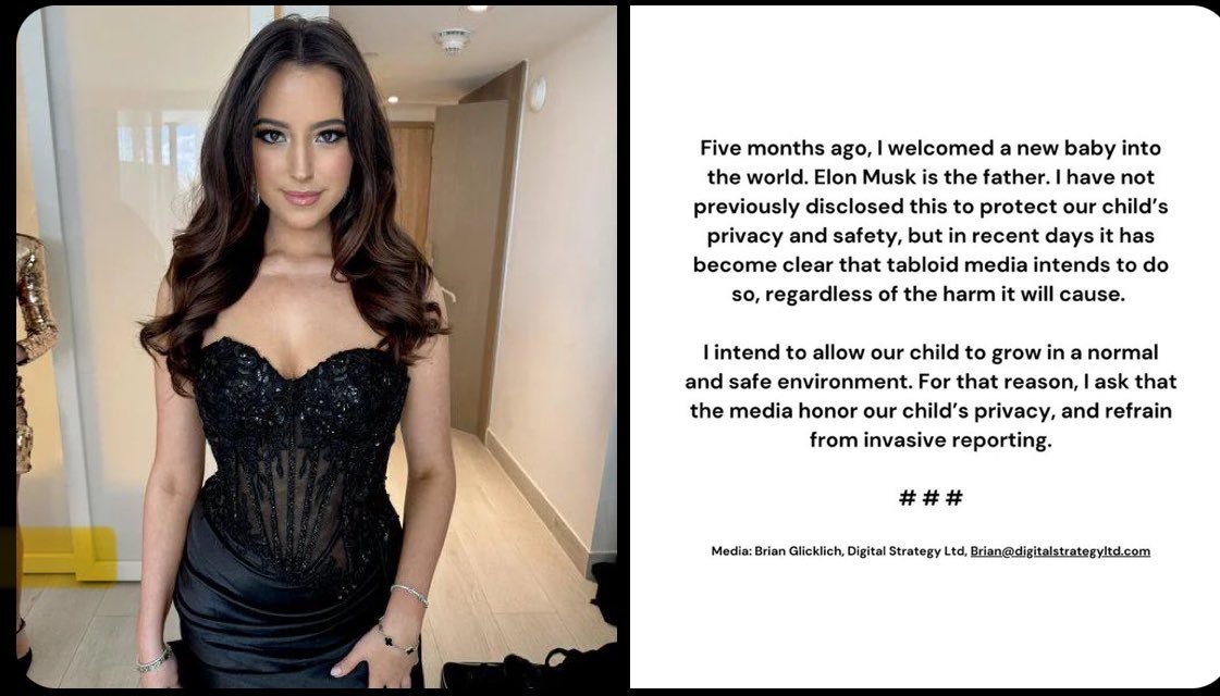 Elon's 13th child! Influencer claims she has Elon's newest baby