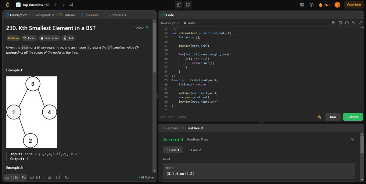 coding_ez24105's tweet image. Leveling up my BST skills! 🌲💡 Today’s solves:
🔄 Binary Tree ZigZag Level Order Traversal
⚖️ Minimum Absolute Difference in BST
🏅 Kth Smallest Element in a BST
✅ Validate Binary Search Tree
Onward to more challenges! 🚀
#LeetCode #BinarySearchTree #DSA #CodingJourney