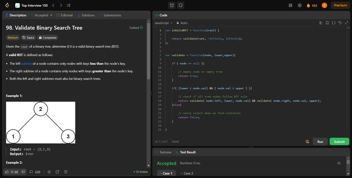 coding_ez24105's tweet image. Leveling up my BST skills! 🌲💡 Today’s solves:
🔄 Binary Tree ZigZag Level Order Traversal
⚖️ Minimum Absolute Difference in BST
🏅 Kth Smallest Element in a BST
✅ Validate Binary Search Tree
Onward to more challenges! 🚀
#LeetCode #BinarySearchTree #DSA #CodingJourney