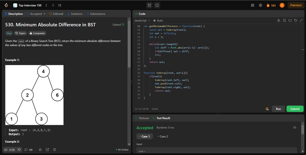 coding_ez24105's tweet image. Leveling up my BST skills! 🌲💡 Today’s solves:
🔄 Binary Tree ZigZag Level Order Traversal
⚖️ Minimum Absolute Difference in BST
🏅 Kth Smallest Element in a BST
✅ Validate Binary Search Tree
Onward to more challenges! 🚀
#LeetCode #BinarySearchTree #DSA #CodingJourney