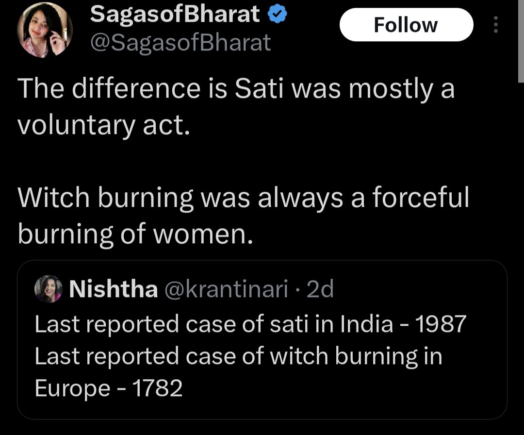 This is the most brain-déad argument to justify Sati, what's worse is a woman is making it. Any ritual that involves burning a human alive is a *forced* ritual. 

In the incidents recounted here (youtu.be/_jie_DRgWX8) eyewitness reports of medieval India inform us that women