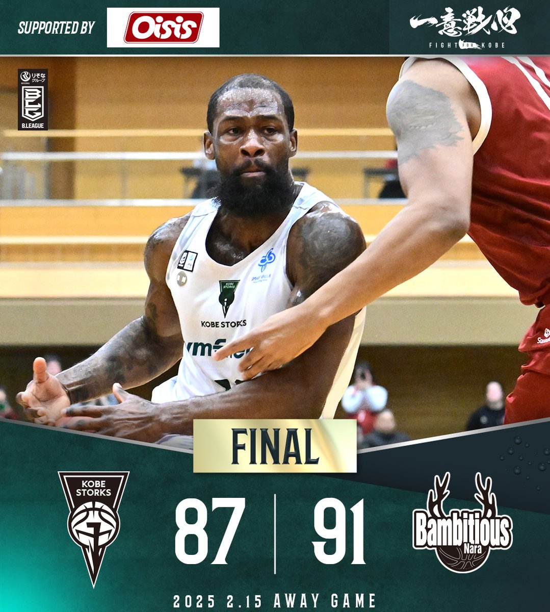 STORKS_OFFICIAL's tweet photo. ◤試合結果◢
2/15 🆚バンビシャス奈良
試合終了
#神戸ストークス 87
#バンビシャス奈良 91
🎥見逃し配信はこちら
https://t.co/mwmDcki2Cc
#神戸ストークス
#一意戦心 #ALLGREENKOBE
#Bリーグ https://t.co/EVwoYUf6ik