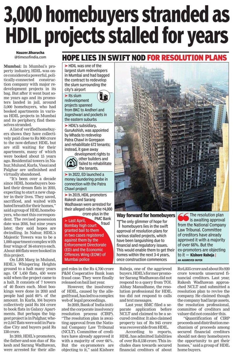 timesofindia.indiatimes.com/city/mumbai/30…

It's a sad state of affairs for all of us.  We booked the flat in 2010 in Majestic Towers, Nahur and no relief from anyone for over 15 years.  Several people have lost their lives without seeing their dream home.  We all have lost hopes.