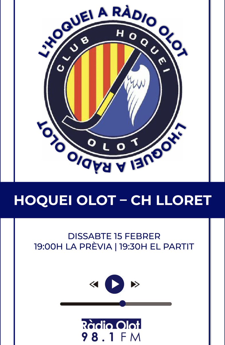 Ràdio Olot Esports (@radiolotesports) on Twitter photo 🔊 Dia de PARTIT! Dissabte d'HOQUEI!
🔝 Torna l'hoquei patins a la Josep Jou!
🆚 <a href="/hoqueiolot/">Club Hoquei Olot</a> - <a href="/HoqueiLloret/">Club Hoquei Lloret</a>
📋 LA PRÈVIA | 19.00 h
▶️ EL PARTIT | 19.30 h
🗣️ Amb <a href="/roger_isern/">Roger Isern</a> i <a href="/PratAnna/">Anna Prat i Blanch</a>
#OkPlata #HoqueiOlot 🔊 Dia de PARTIT! Dissabte d'HOQUEI!
🔝 Torna l'hoquei patins a la Josep Jou!
🆚 <a href="/hoqueiolot/">Club Hoquei Olot</a> - <a href="/HoqueiLloret/">Club Hoquei Lloret</a>
📋 LA PRÈVIA | 19.00 h
▶️ EL PARTIT | 19.30 h
🗣️ Amb <a href="/roger_isern/">Roger Isern</a> i <a href="/PratAnna/">Anna Prat i Blanch</a>
#OkPlata #HoqueiOlot