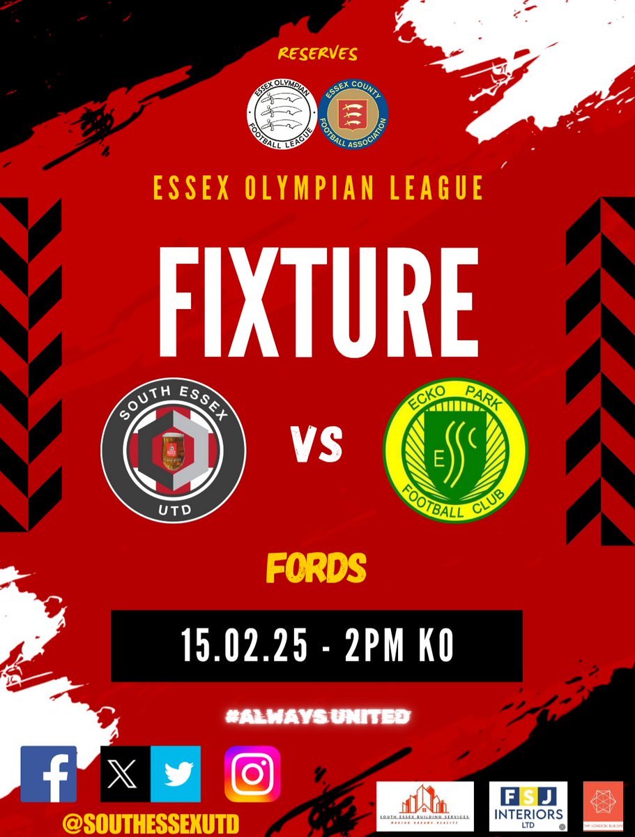 League action for both teams today! 
The Firsts will take on Ashingdon for the first time this season at their gaff, Whilst our Reserves host Ecko P Res at Fords.

Good luck to everyone involved 👏🏼

#SEUTD💯 #ALWAYSUNITED❤️🖤