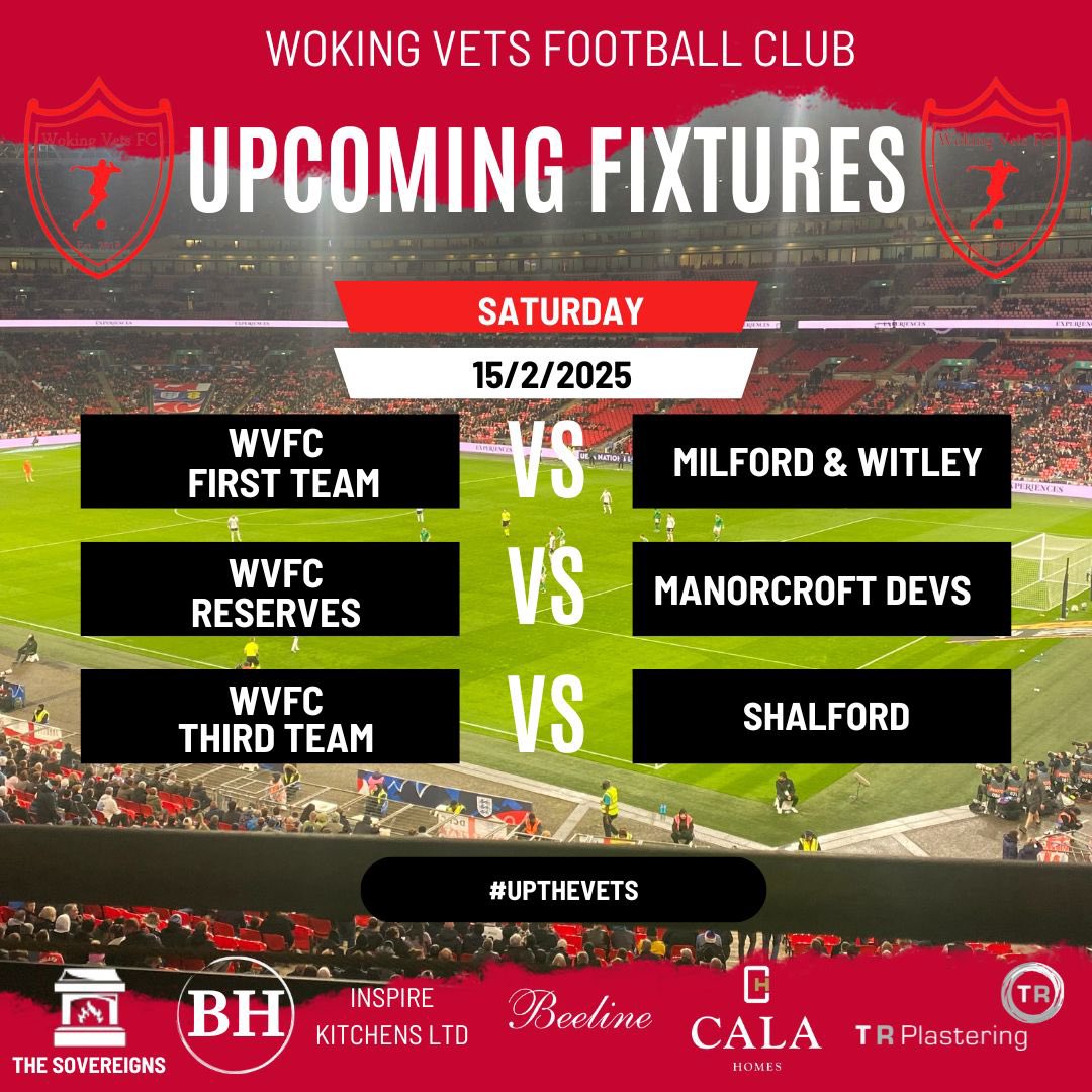 WVFC (vets and non vets football) (@wokingvetsfc) on Twitter photo Todays fixtures with all 3 sides in action
1sts host <a href="/milford_witley/">Milford & Witley FC</a>
Res visit <a href="/MUJFC_Official/">Manorcroft Utd FC</a> devs
3rds host <a href="/shalford_fc/">Shalford FC</a>
Thanks to all our sponsors for their continued support.
⚽️⚽️⚽️ Todays fixtures with all 3 sides in action
1sts host <a href="/milford_witley/">Milford & Witley FC</a>
Res visit <a href="/MUJFC_Official/">Manorcroft Utd FC</a> devs
3rds host <a href="/shalford_fc/">Shalford FC</a>
Thanks to all our sponsors for their continued support.
⚽️⚽️⚽️