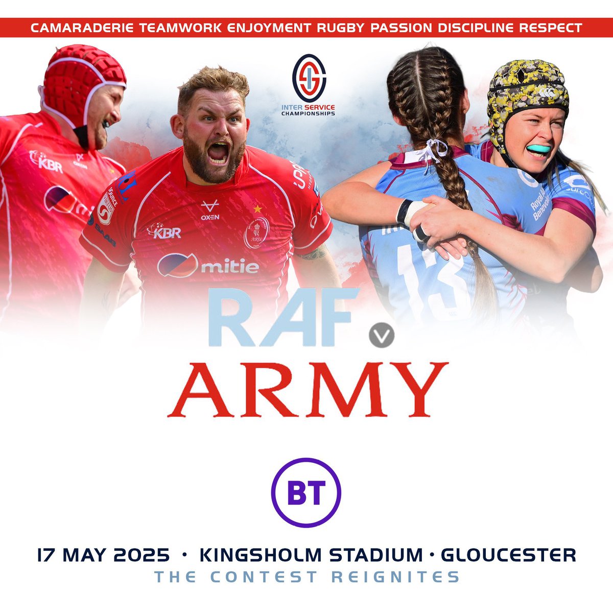 🪖𝐀𝐫𝐦𝐲 𝐯 𝐑𝐀𝐅 ✈️ 

Returns to Gloucester again for 2025 🏉 

A full day of rugby with ticket prices starting from just £15 for adults 🎟️ 

📆 17th May 🏟️ Kingsholm

• 1100hrs Womens Match
• 1515hrs Mens Match

To book ➡️ eticketing.co.uk/gloucesterrugb…