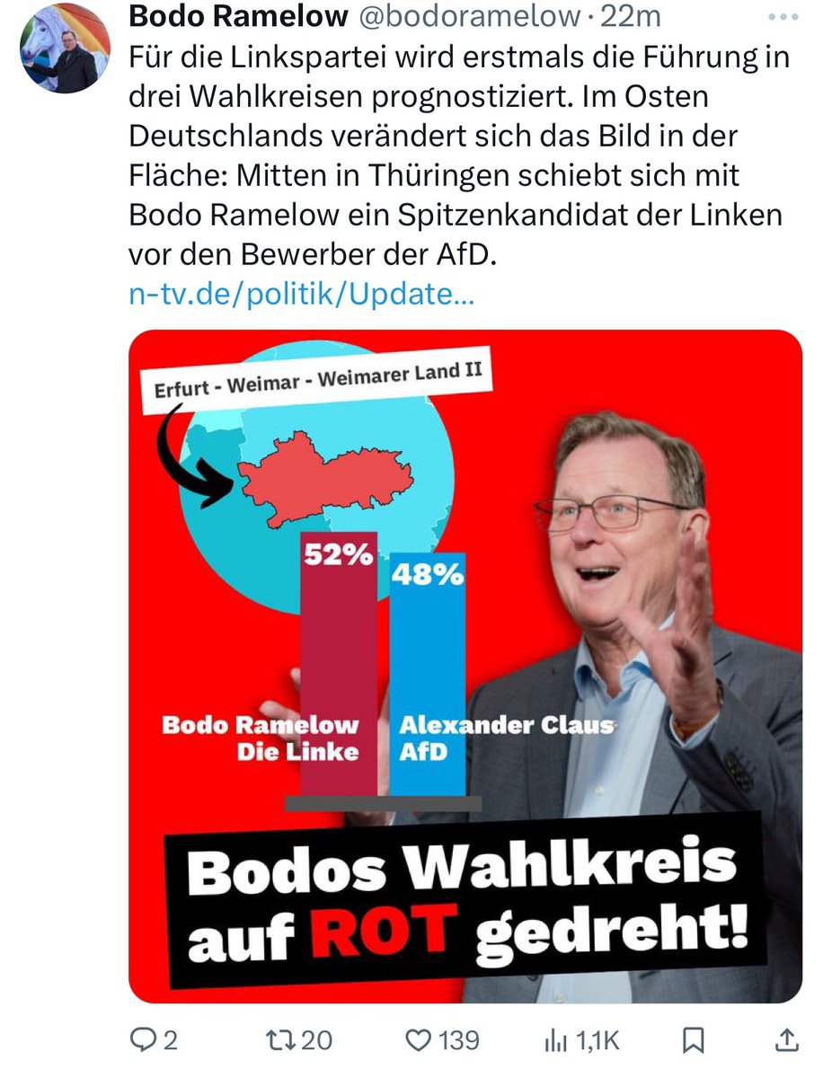 Ramelow war 10 Jahre Ministerpräsident und freut sich nen Ast, dass er erstmals in den Umfragen vor seinem Gegenkandidaten, einem AfD-Newcomer liegt. Das ist auch ein politisches Zeichen … 😂😂😂 Helft mit, dass <a href="/PolitikClaus/">Alexander Claus</a> ihn am 23.2. in die Tasche steckt!
#afd #silberlocken