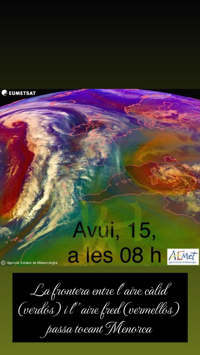 La frontera entre l’aire càlid (verdós) i l’’aire fred (vermellós) passa tocant Menorca
