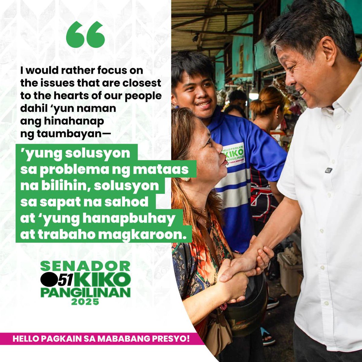 kikopangilinan's tweet photo. Mag-focus tayo sa kung ano ang tunay na mahalaga—ang daing ng taumbayan at ang mga solusyong kailangan nila. Mas mababang presyo ng pagkain at bilihin, sapat na sahod, at disenteng trabaho—ito ang dapat nating unahin ngayong halalan.

Piliin natin ang mga lider na kikilos para gawing abot-kaya ang pagkain at buhay para sa bawat Pilipino! 💚✊

#TapatAtTotoo
#KikoSaSenado2025
#51PangilinanKiko