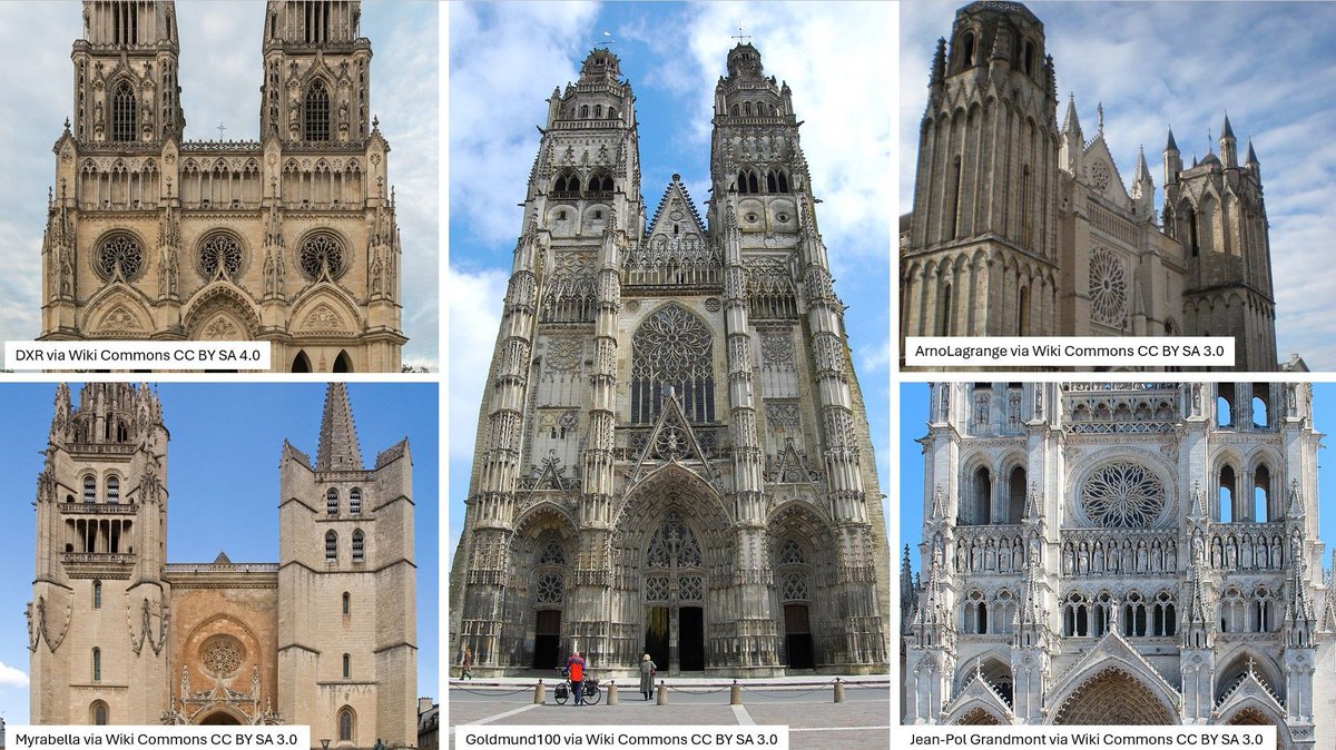This week's #Take5 is French medieval cathedrals. Clockwise from top left: Cathédrale Sainte-Croix d'Orléans, Cathédrale Saint-Gatien de Tours, Cathédrale Saint-Pierre de Poitiers, Basilique Cathédrale Notre-Dame d'Amiens, Basilique-Cathédrale Notre-Dame-et-Saint-Privat de Mende.