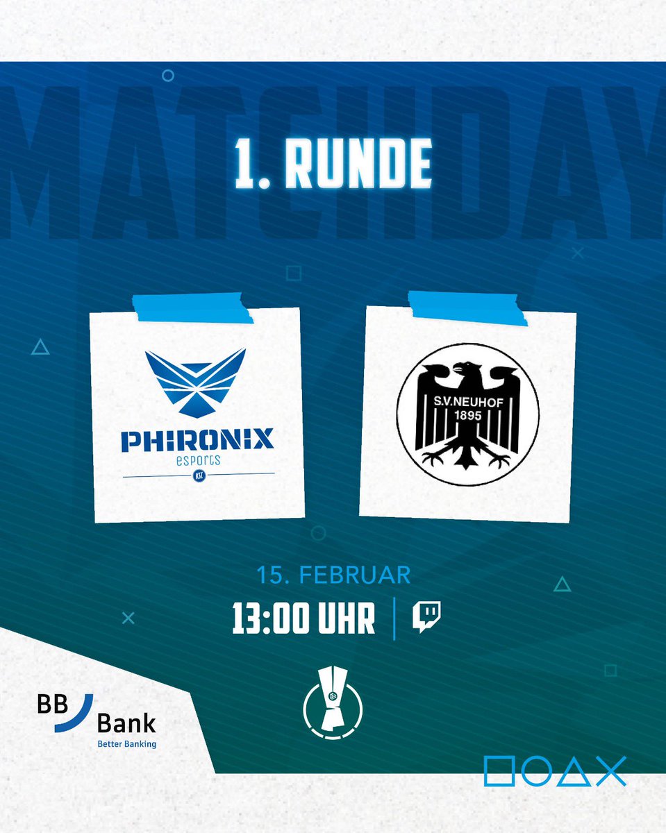 RUNDE 1️⃣ @dfb_esports 
🆚 @svnfussball 🕖 13 Uhr!

Kommt vorbei &amp; unterstützt die Jungs bei diesem so wichtigen Duell! 

🎥 twitch.tv/phironix_esport

#PHIRONIX #KSCmeineHeimat #DFBEPOKAL #Runde1 #Matchday #eafc25