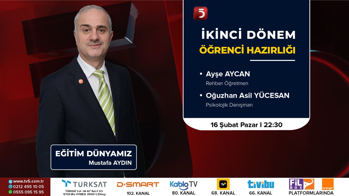 tv5televizyonu's tweet photo. - 2. Dönem Öğrenci Hazırlığı 

@hmustafaaydin2 soruyor, Rehber Öğretmen Ayşe Aycan ve Psikolojik Danışman Oğuzhan Asil Yücesan cevaplıyor

#EğitimDünyamız bugün 22:30'da #TV5'te https://t.co/ZDbHlHEmrf