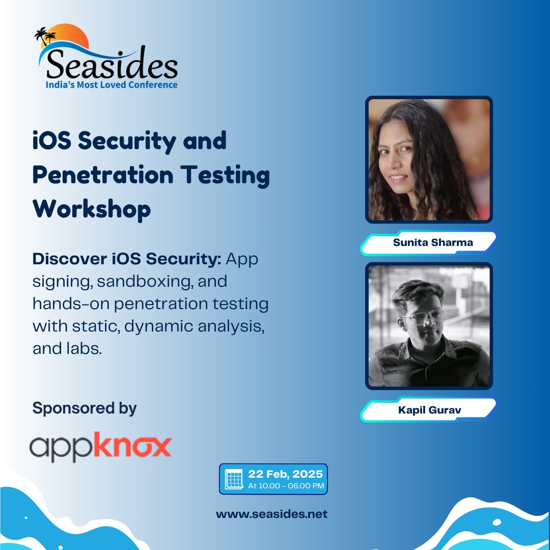 seasides_conf's tweet photo. 📱 iOS Security &amp; Pentesting Workshop @ Seasides 2025!

Learn app signing, sandboxing, static &amp; dynamic analysis, and real-world attack techniques from @0ddblade  &amp; Kapil Gurav!

📅 22nd Feb | ⏰ 10 AM - 6 PM | 📍 Goa
🎟 Register Now: https://t.co/qxe2ZewGK9
#iOSSecurity https://t.co/x2yUURrWZ7