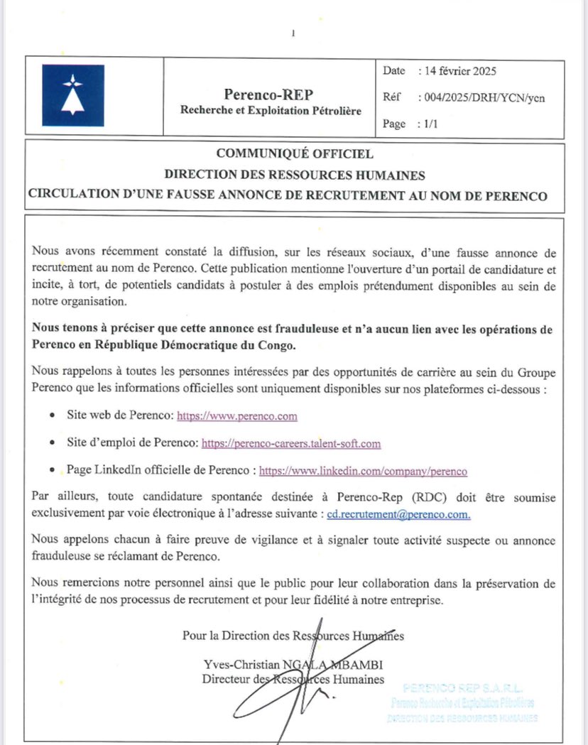FHydrocarb4289's tweet photo. Actu-Energies: A travers sa direction des Ressources humaines le groupe pétrolier Perenco-rep fait le démenti sur la fausse annonce de recrutement qui venait de circuler sur la toile en son nom. https://t.co/kVhMdBF1fU