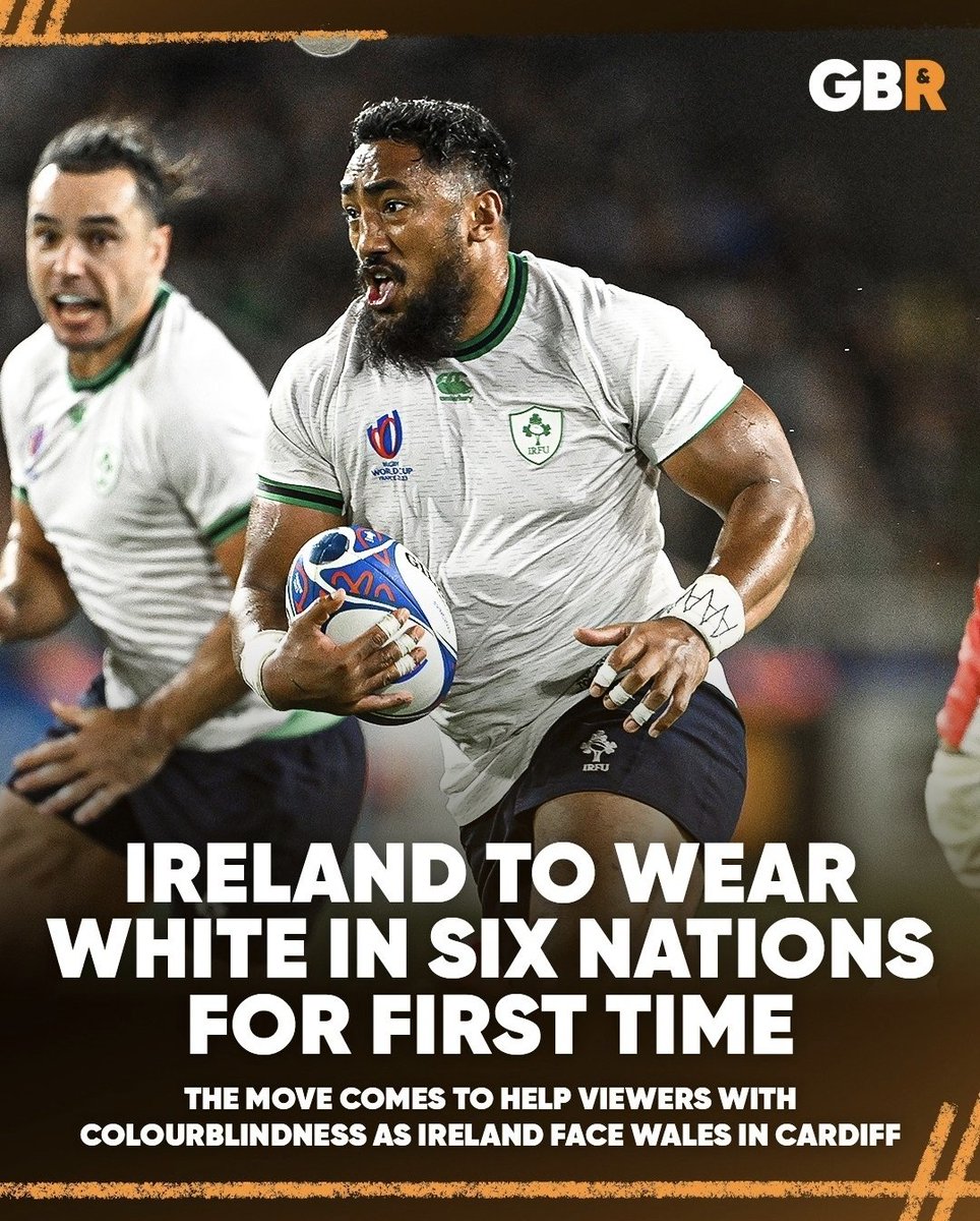 Ireland will wear white against Wales to support fans with colourblindness.
World Rugby rules require away teams to avoid kit clashes that may affect spectators with colour vision deficiency.
Red v Green is a common issue - with 1 in 12 men &amp; 1 in 200 women affected.
#guinessM6N