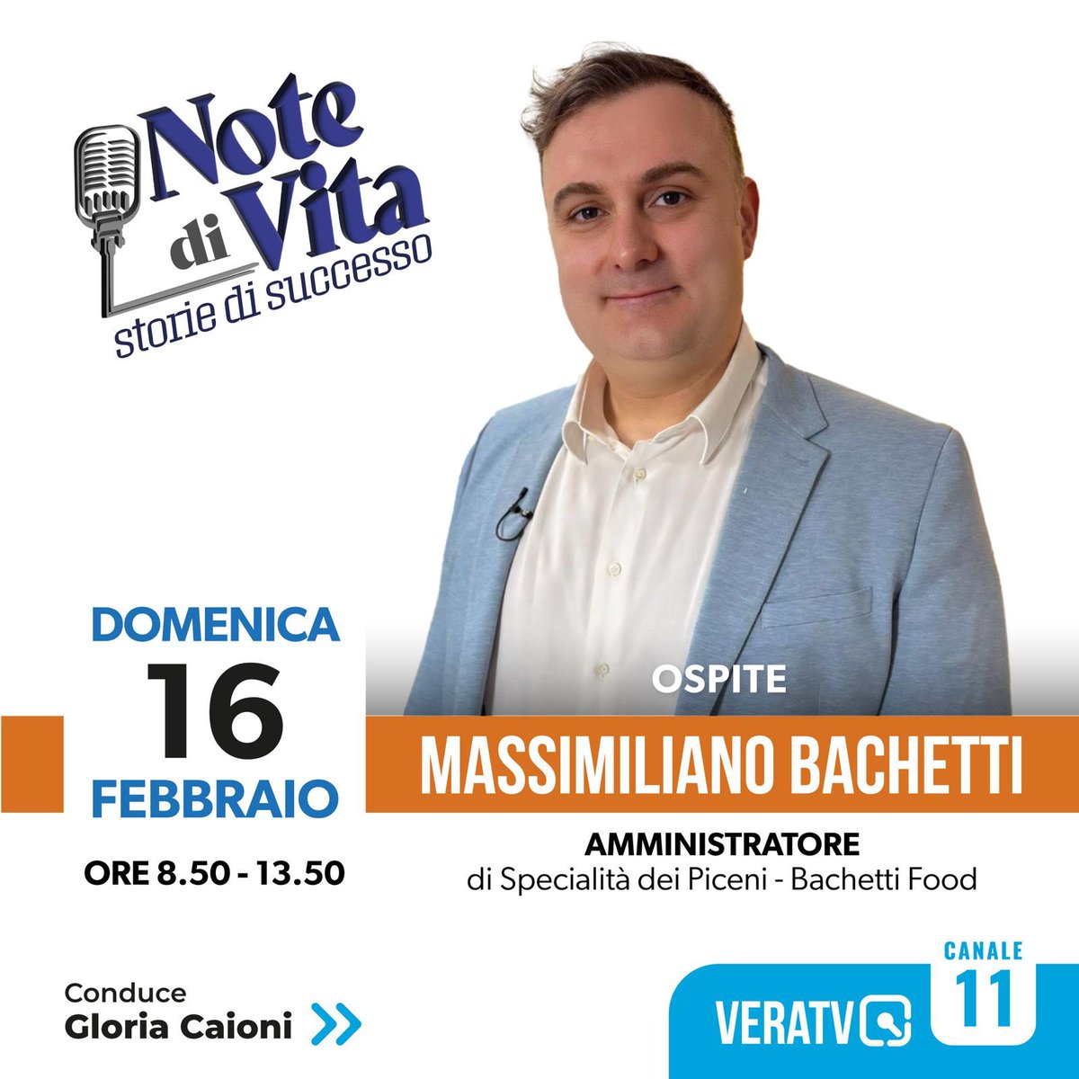 È stato un piacere condividere il mio percorso imprenditoriale e raccontare la realtà  Bachetti Food - Specialità dei Piceni su Note di vita.

Vi aspetto domani, domenica 16 febbraio, per seguire l’intervista su Vera TV (Canale 11):
🕗 Ore 8.50
🕜 Replica alle 13.50