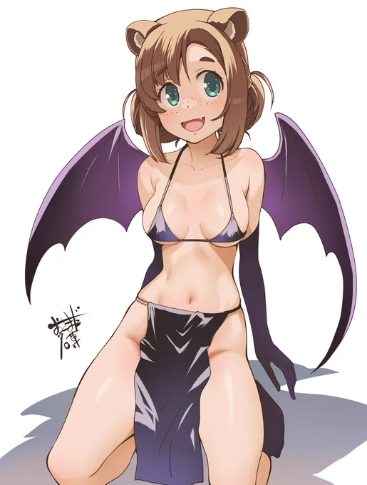 これはお絵描き練習でふと思いついたタヌキ娘とサキュバスのハーフのサキュタヌ娘。せっかくだからいろんな練習で使おうかと思ったけど、下が、ロインクロスしかつけてなくてなにも履いていないので、構図が限られますね。 