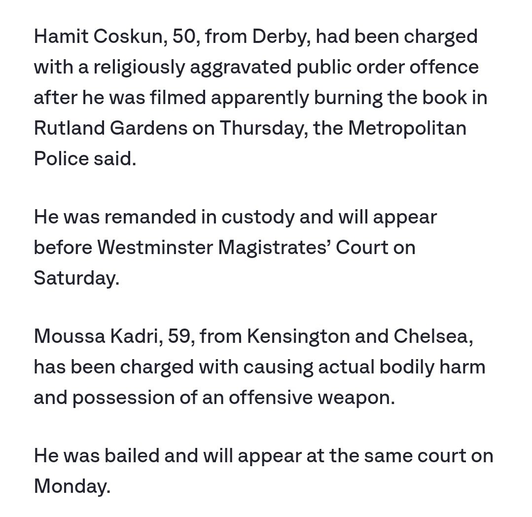 maxtempers's tweet photo. The book burner is behind bars while the knifeman gets bail. Outrageous. https://t.co/tu4jx5xmLf