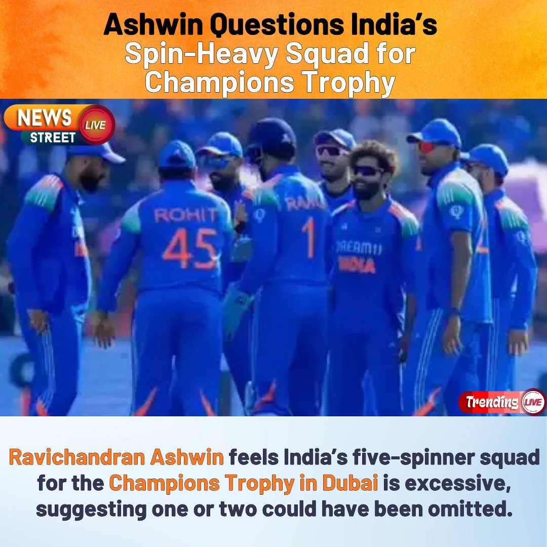 NewsStreetLivee's tweet photo. Ashwin Questions India’s Spin-Heavy Squad for Champions Trophy

For more latest news visit : https://t.co/CAs6jhAWu9

#RavichandranAshwin #ChampionsTrophy #TeamIndia #SpinAttack #CricketDebate #BCCI #IndianCricket #Ashwin #CricketNews #SportsBuzz https://t.co/9eHOwR5zwO