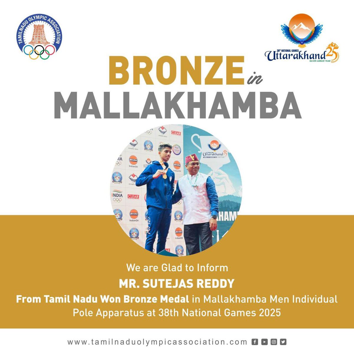 TNOA_Offi's tweet photo. We are glad to inform that Mr. Sutejas Reddy from Tamil Nadu has won a bronze medal in the men’s individual pole apparatus Mallakhamba at the 38th National Games 2025🥉🏆

#tnoa | #tnoawards | #tamilnadu | #tamilnadusports |#sports | #uttarakhand https://t.co/4d5LCcBKg8