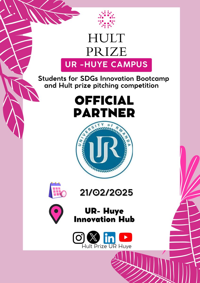 Hult Prize university of Rwanda (@hultprizeur) on Twitter photo 🚀 Exciting news! The Hult Prize UR-Huye Campus is hosting the Students for SDGs Innovation Bootcamp & Pitching Competition on Feb 21, 2025, at UR-Huye Innovation Hub!
Proudly partnered with <a href="/Uni_Rwanda/">University of Rwanda</a> & <a href="/rwictchamber/">Rwanda ICT Chamber</a> to drive impact & innovation! 🌍✨
#HultPrize #Innovation 🚀 Exciting news! The Hult Prize UR-Huye Campus is hosting the Students for SDGs Innovation Bootcamp & Pitching Competition on Feb 21, 2025, at UR-Huye Innovation Hub!
Proudly partnered with <a href="/Uni_Rwanda/">University of Rwanda</a> & <a href="/rwictchamber/">Rwanda ICT Chamber</a> to drive impact & innovation! 🌍✨
#HultPrize #Innovation