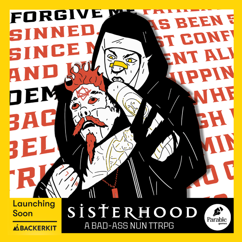 GamesParable's tweet photo. Sisterhood. Take your vows and punch demons to prevent the apocalypse in this bad-ass nun #TTRPG ✟ Coming to @Backerkit March 13th 🙏