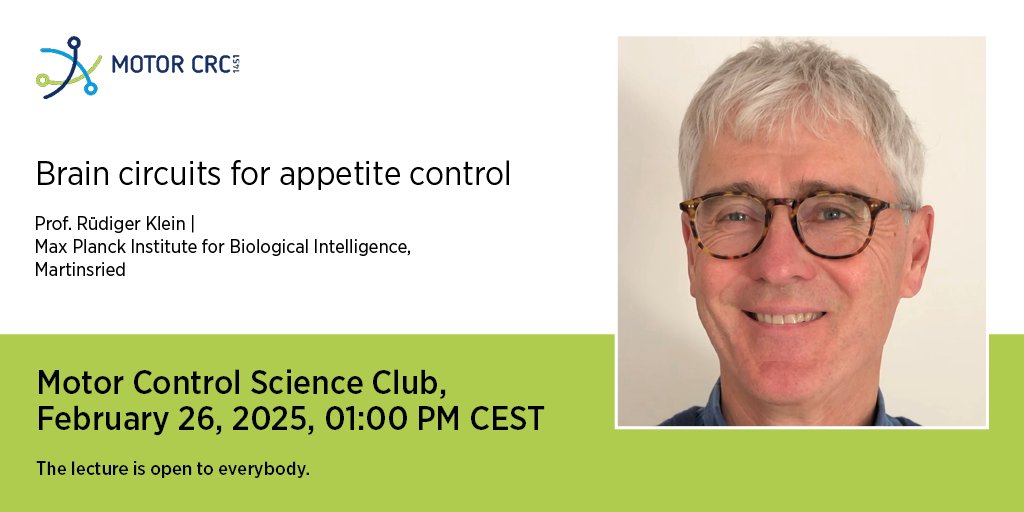 crc1451's tweet image. On Wednesday, February 26, 2025 at 1:00 pm/13:00, Prof. Rüdiger Klein will give a talk in the #CRC1451 Motor Control Science Club on “Brain circuits for appetite control”. 🧠
@UKKoeln
@Department of @Neurology, Building 30, Lecture hall.
@GattoGraziana