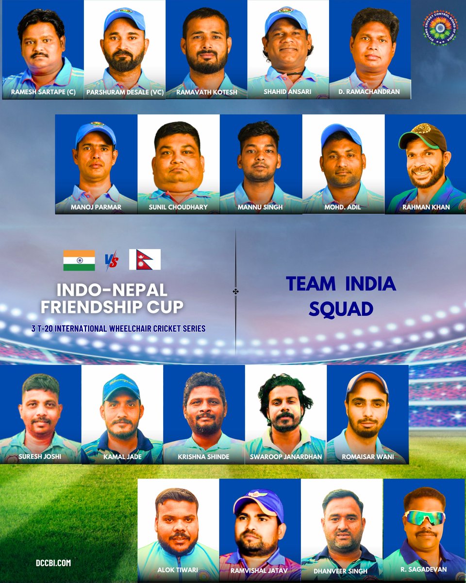 Indian Wheelchair Cricket Team Announcement for Indo-Nepal Friendship Cup 2025, 3 T-20I Matches between India 🇮🇳 vs Nepal 🇳🇵 
#DCCBI #Cricket #TeamAnnouncement #TeamIndia #IndianCricketTeam #WheelchairCricket