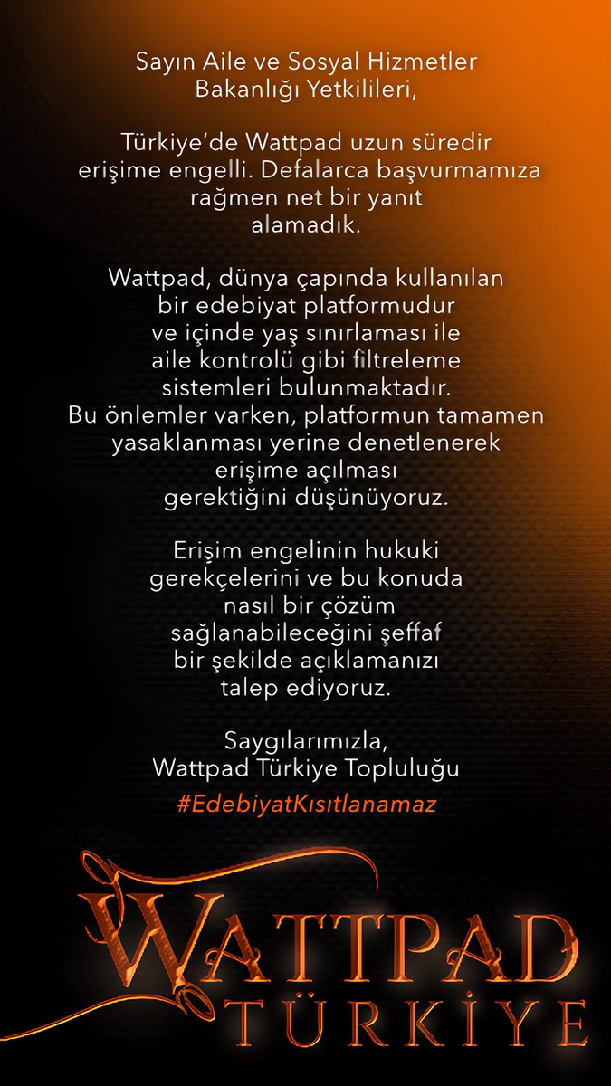 Tag’imiz : EdebiyatKısıtlanamaz. 19.00’da Aile Bakanlığına atacağımız mesaj için 2. görseldeki yazıyı örnek alabilirsiniz.20.00’a kadar tag’i kullanmayın, 50 takipçinin altındaysanız diğer üyelerle GT yapın. Ve lütfen 20.00’da gerçekten destek vermek için burada olun. 🤍