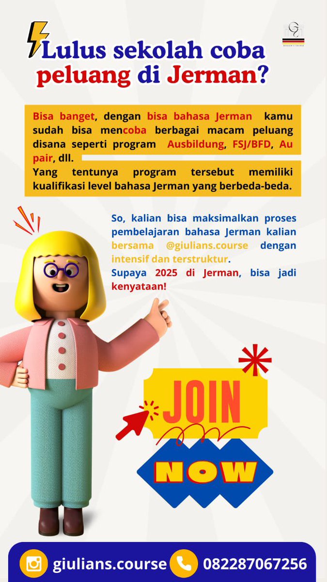 rizhedwig's tweet photo. Yang mau persiapan #KaburAjaDulu ke Jerman dan masih bingung mau cari tempat kursus, ini aku kasih tau tempat kursus bahasa jerman dan bisa jg konsultasi seputar program ke jerman, yg ngajar teman aku🥳 https://t.co/RYTWm6Ysl8
