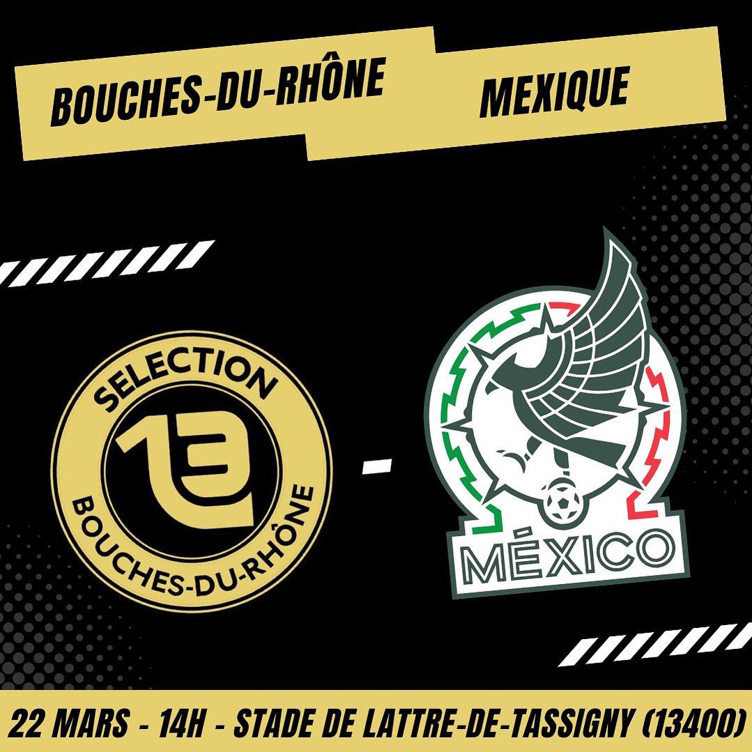 BDRSelection's tweet photo. ℹ️ Le match entre la Sélection des Bouches-du-Rhône et la sélection U18 du Mexique, affiliée à la FMF, aura lieu le samedi 22 mars 2025 à 14h00 au Stade de Lattre-de-Tassigny à Aubagne (13). La rencontre, organisée lors d’une fenêtre FIFA, sera diffusée en France et au Mexique. https://t.co/fmzwiuAJvg